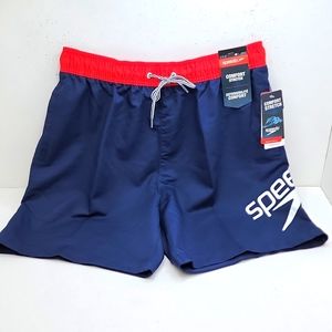 SPEEDO SWIMMING TRUNKS RED BLUE WITH WHITE LOGO, MEDIUM SIZE